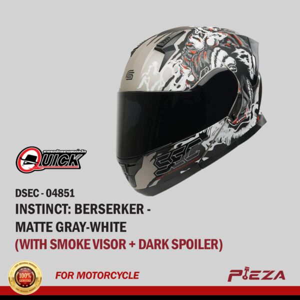 SEC Instinct Berserker Full Face Helmet - Gloss White - Red (With Smoke Visor + Dark Spoiler)