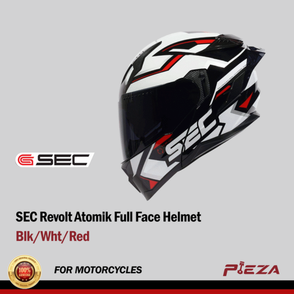 SEC Revolt Atomik Full Face Helmet - Blk/Wht/Red (With Free Clear Visor & Smoke Spoilers)