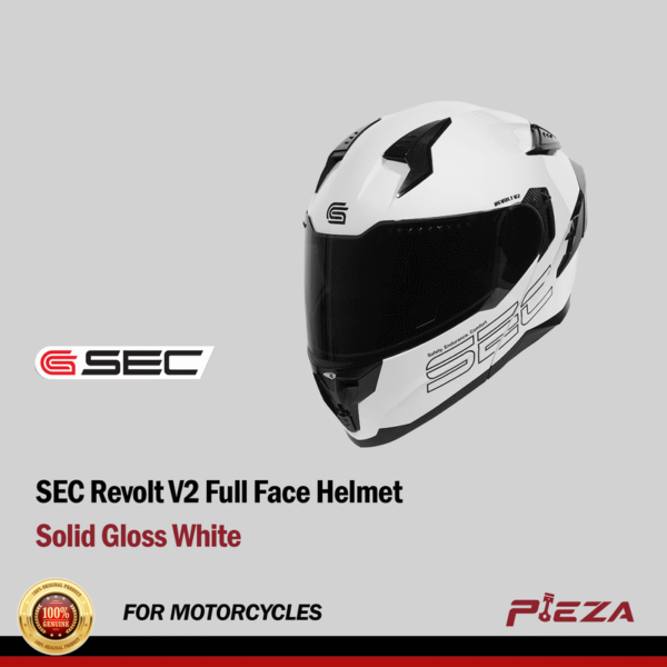 SEC Revolt V2 Full Face Helmet - Solid Gloss White (With Free Clear Visor & Smoke Spoilers)